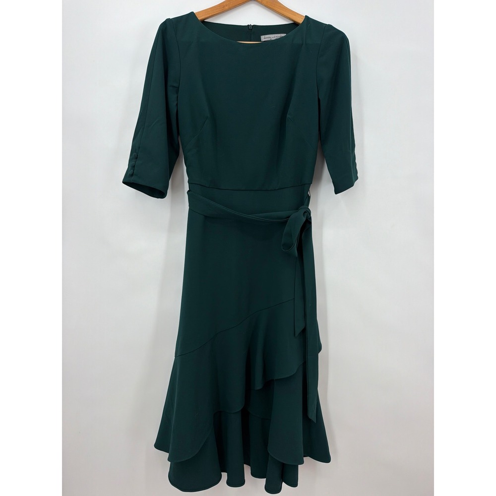 Danny and Nicole Green Ruffle Tiered Midi Dress 3/4 Sleeve Tie Waist Size 8